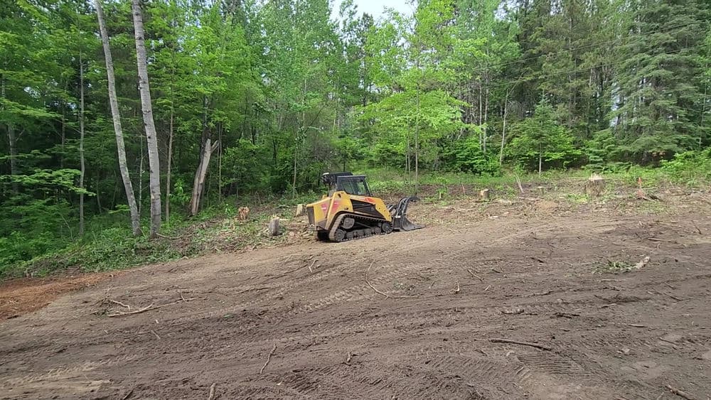 Bulldozer clearing trees in a forested area with fresh soil and greenery around.