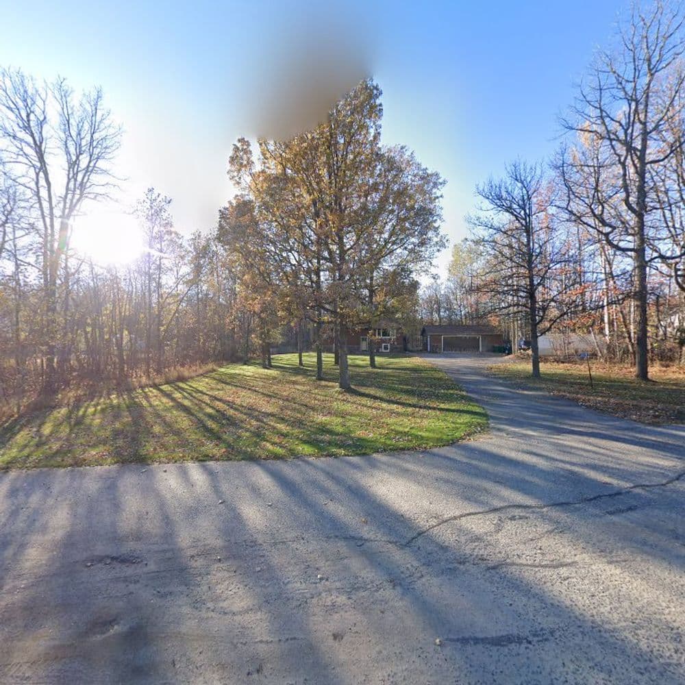 Scenic wooded area with trees casting shadows on a curved driveway and a house in the background.